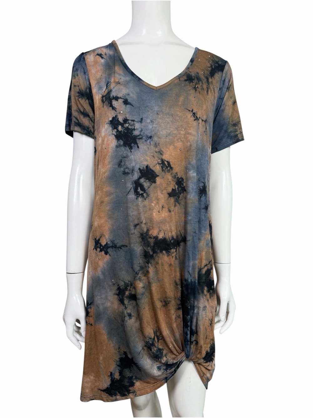 Vocal Tie Dye Twist Front T-Shirt Dress Studded V Neck Large Boho - Picture 2 of 8